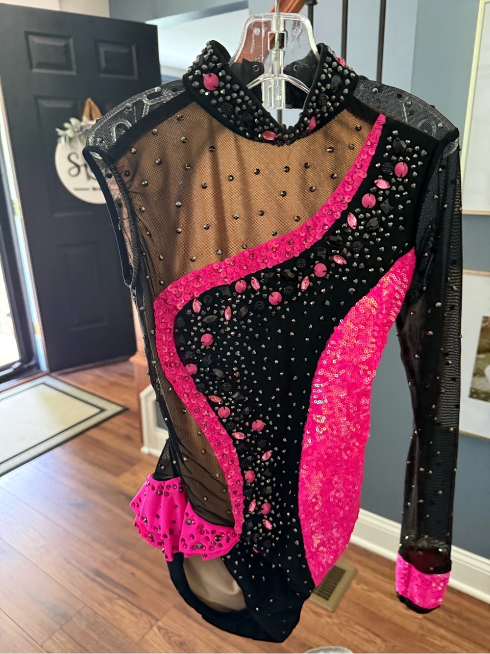 Glamour Kids Dance Costume Black and Hot Pink Sequin Leotard - Youth Large